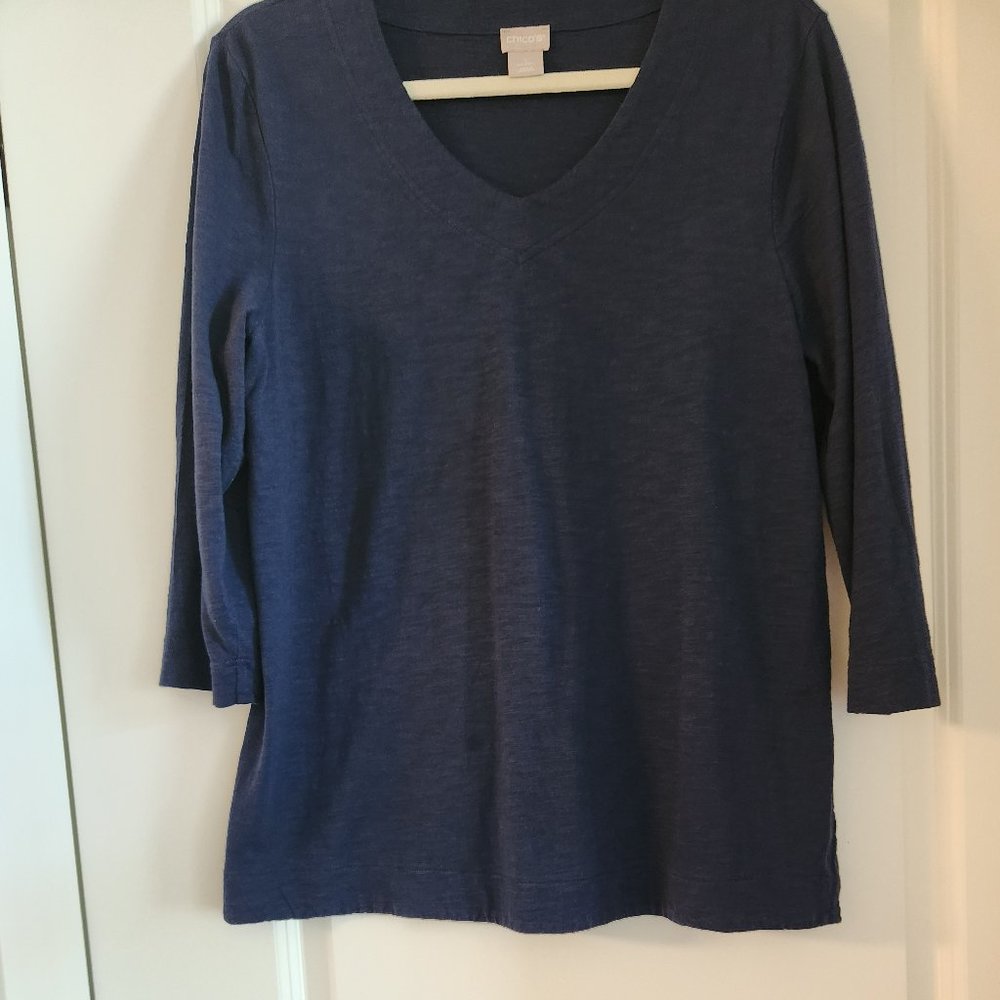 Chico's size 2 top Blue/ v neck/ 3/4 sleeve